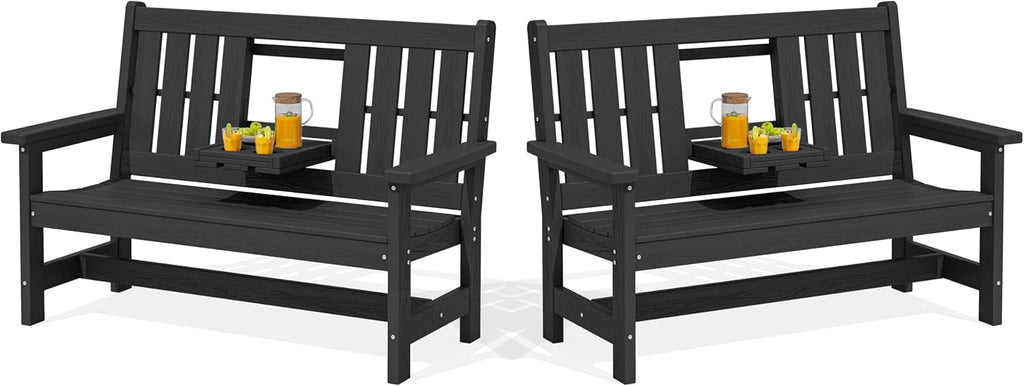 SERWALL Outdoor Bench with Cup Holder, 58' HDPE Garden Park Bench Suitable for 3 Person, All Weather Patio Benches with High Backrest and Wide Armrests for Garden, Park, Yard, Front Porch, Black