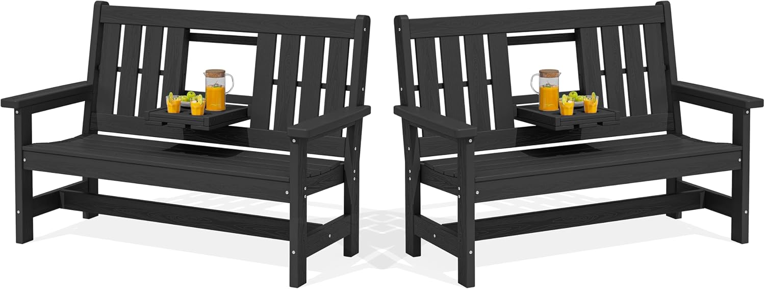 SERWALL Outdoor Bench with Cup Holder, 58' HDPE Garden Park Bench Suitable for 3 Person, All Weather Patio Benches with High Backrest and Wide Armrests for Garden, Park, Yard, Front Porch, Black