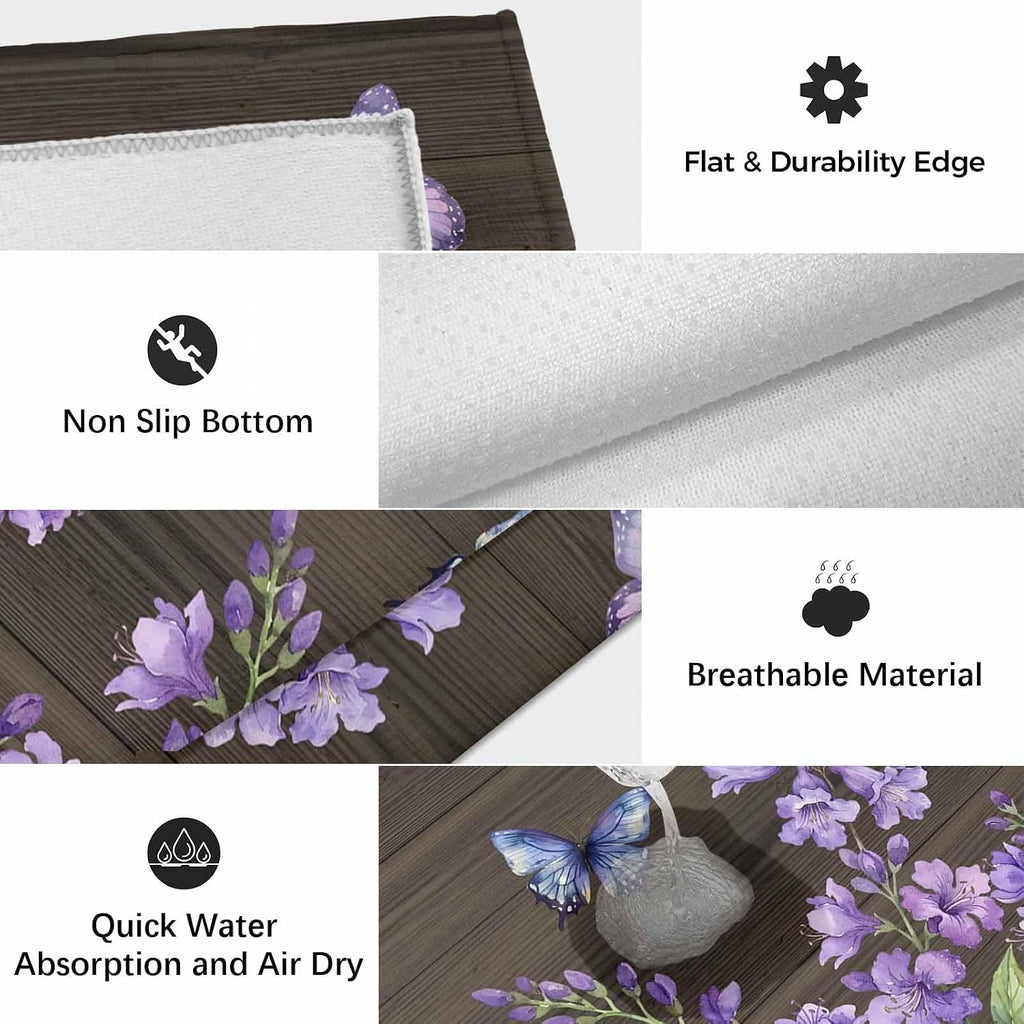 Purple Flowers Outdoor Rug for Patio/Deck/Porch, Non-Slip Large Area Rug 4 x 6 Ft, Butterfly Spring Floral Wooden Farmhouse Indoor Outdoor Rugs Washable Area Rugs, Reversible Camping Rug Carpet Runner
