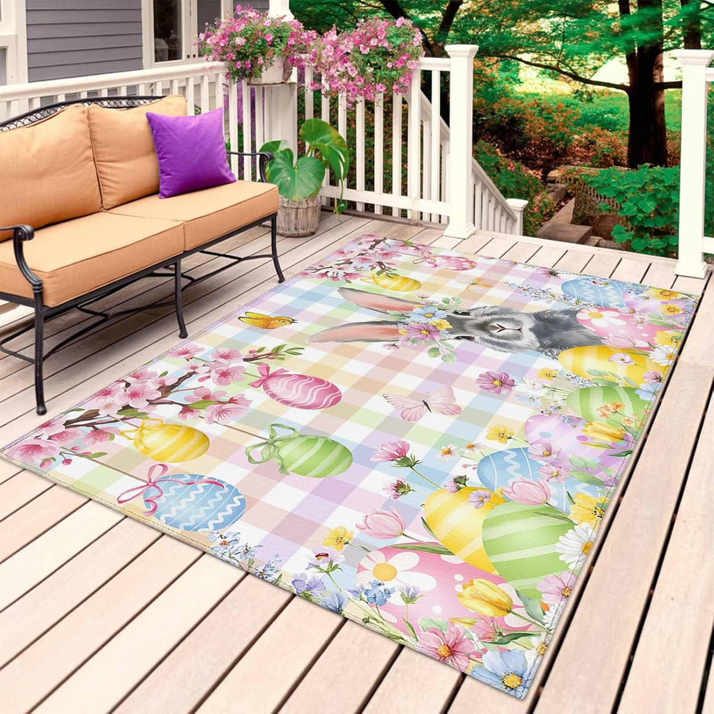 Easter Bunny Outdoor Rug for Patio/Deck/Porch, Non-Slip Large Area Rug 6 x 9 Ft, Spring Colorful Eggs Flower Branch Plaid Indoor Outdoor Rugs Washable Area Rugs, Reversible Camping Rug Carpet Runner