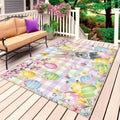 Easter Bunny Outdoor Rug for Patio/Deck/Porch, Non-Slip Large Area Rug 6 x 9 Ft, Spring Colorful Eggs Flower Branch Plaid Indoor Outdoor Rugs Washable Area Rugs, Reversible Camping Rug Carpet Runner