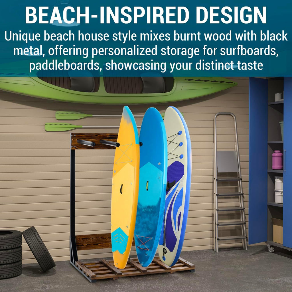 MyGift Freestanding Vertical Surfboard Storage Rack, Beach House Style Burnt Wood and Black Metal Wakeboard SUP Paddleboard Storage Stand - Holds up to 4 Boards