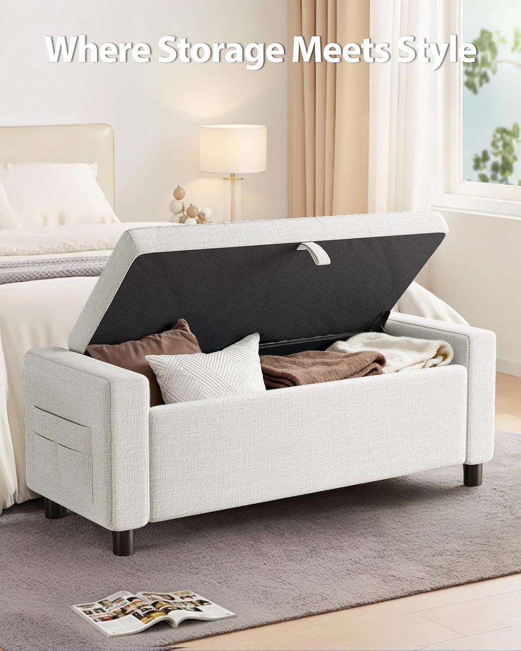 Amada 46' Storage Ottoman Bench with Safety Hinge, Hidden Compartment & Side Pocket - Upholstered End of Bed/Entryway Bench for Bedroom & Living Room, 400 lbs Weight Capacity, Beige