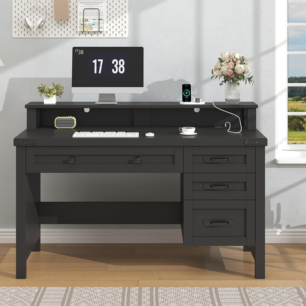 YOMILUVE Farmhouse Computer Desk with Drawers, 47' Small Computer Desk with Power Outlets, Home Office Desk with Monitor Stand & 4 Drawers, Writing Study Table, Black