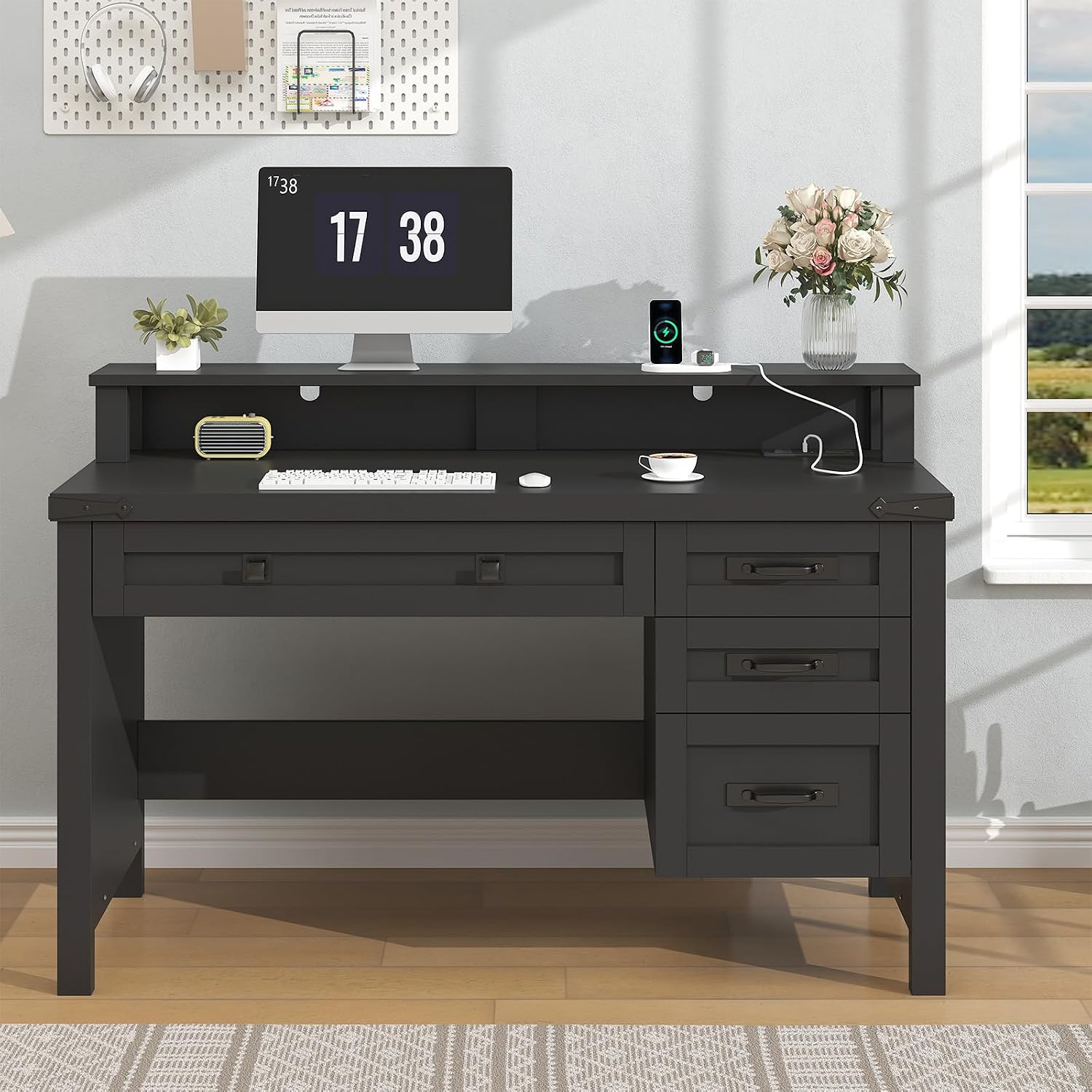 YOMILUVE Farmhouse Computer Desk with Drawers, 47' Small Computer Desk with Power Outlets, Home Office Desk with Monitor Stand & 4 Drawers, Writing Study Table, Black