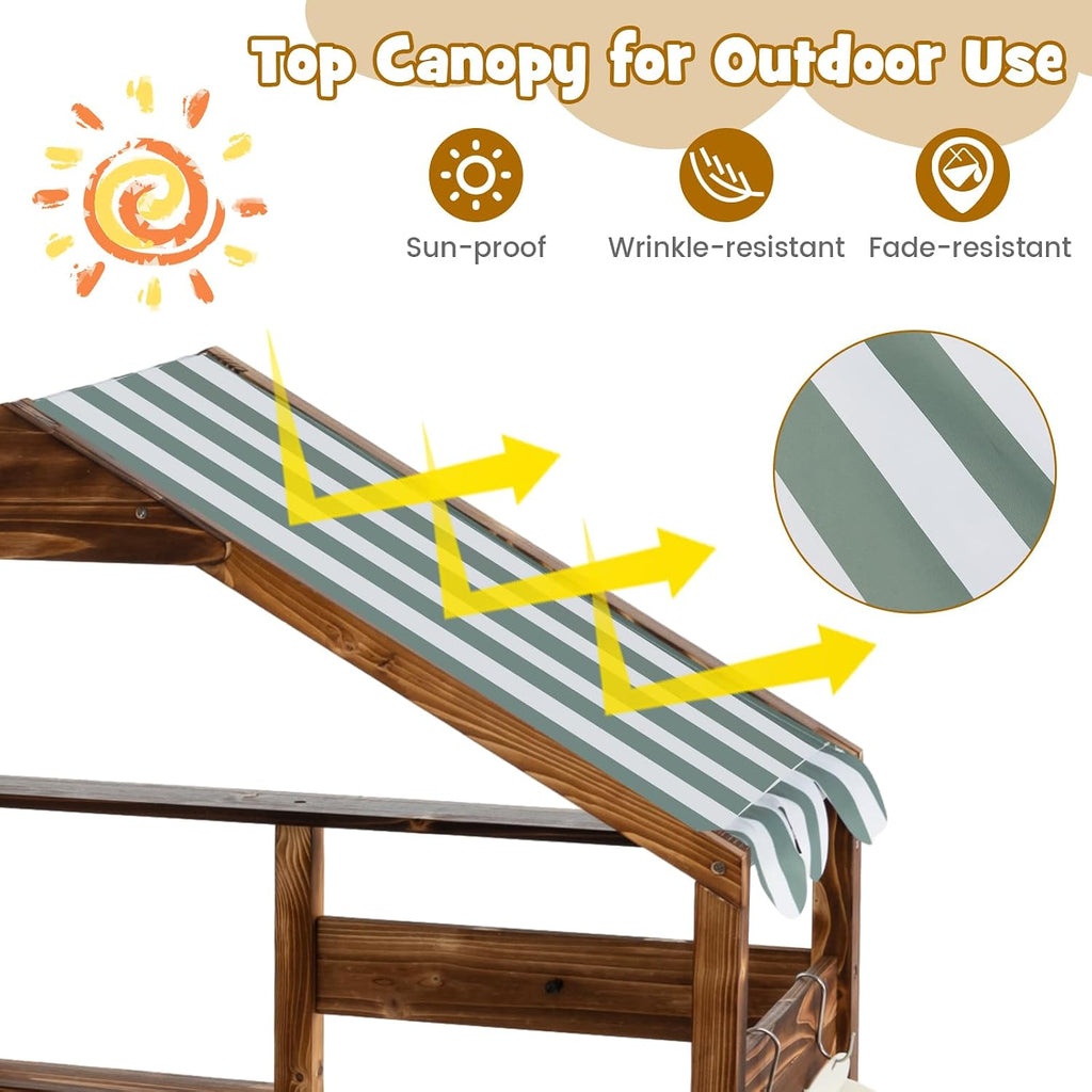 KOTEK Mud Kitchen with Canopy, Outdoor Play Kitchen with Removable Sink, Chalkboard, 4 Stoves, Cooking Accessories & Storage Cabinet, Wooden Toy Kitchen Playset for Kids Age 3+