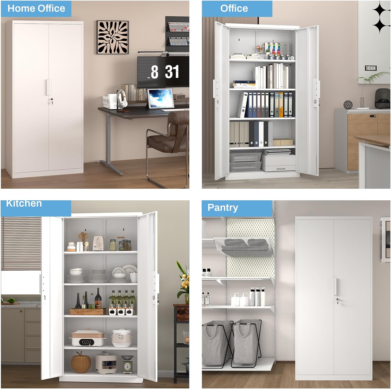 Metal Garage Storage Cabinet with Lock, 72' Tall Steel Storage Locker with 4 Adjustable Shelves, Heavy Duty Metal Cabinet for Garage, Office, Home, White