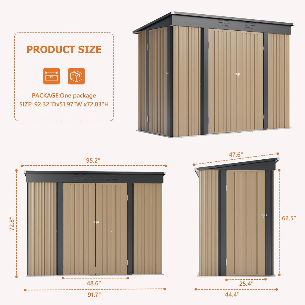 JUMMICO 8x4 FT Outdoor Storage Shed, Heavy Duty Tool Metal Sheds with 3 Lockable Doors and Updated Frame Structure for Backyard Patio Lawn, Brown