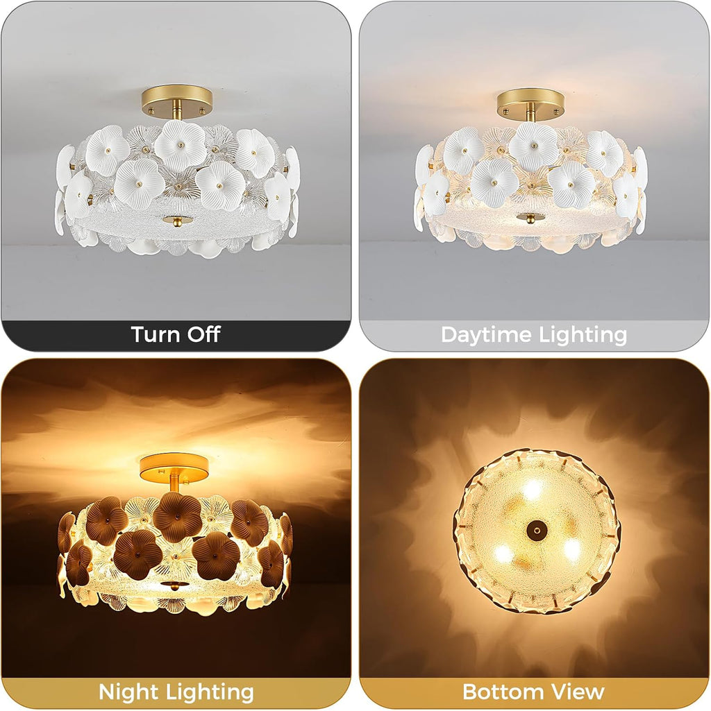 16' Gold Flower Ceiling Light, Glass Semi Flush Mount Ceiling Light, 3-Light Modern Drum Chandelier Ceramic Pendant Lighting for Kitchen, Dining Room, Living Room, Bedroom, Closet, Hallway, Entryway