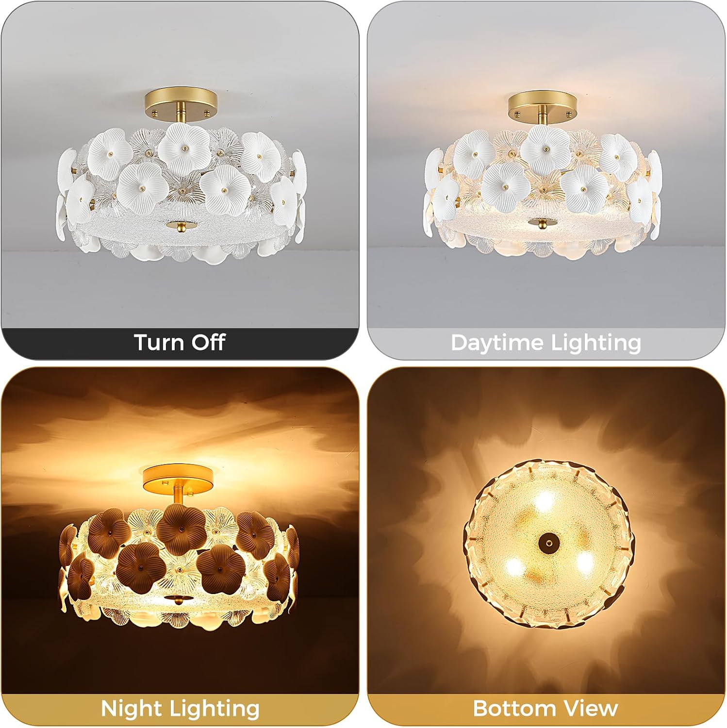 16' Gold Flower Ceiling Light, Glass Semi Flush Mount Ceiling Light, 3-Light Modern Drum Chandelier Ceramic Pendant Lighting for Kitchen, Dining Room, Living Room, Bedroom, Closet, Hallway, Entryway