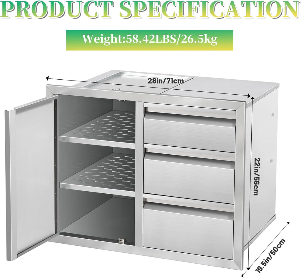 Outdoor Kitchen Drawer Combo Cabinet Stainless Steel Triple Drawers & Access Doors, 28' W x 22' H x 19.5' D, Built-in BBQ Island Cabinet for Outdoor Grill Station (Drawer and Left Door Combo)