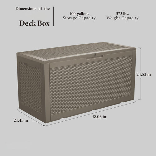 105 Gallon Resin Deck Box, Waterproof Outdoor Storage Bin for Patio Furniture, Pool Accessories, and Garden Tools, Lockable & UV-Resistant, Grey