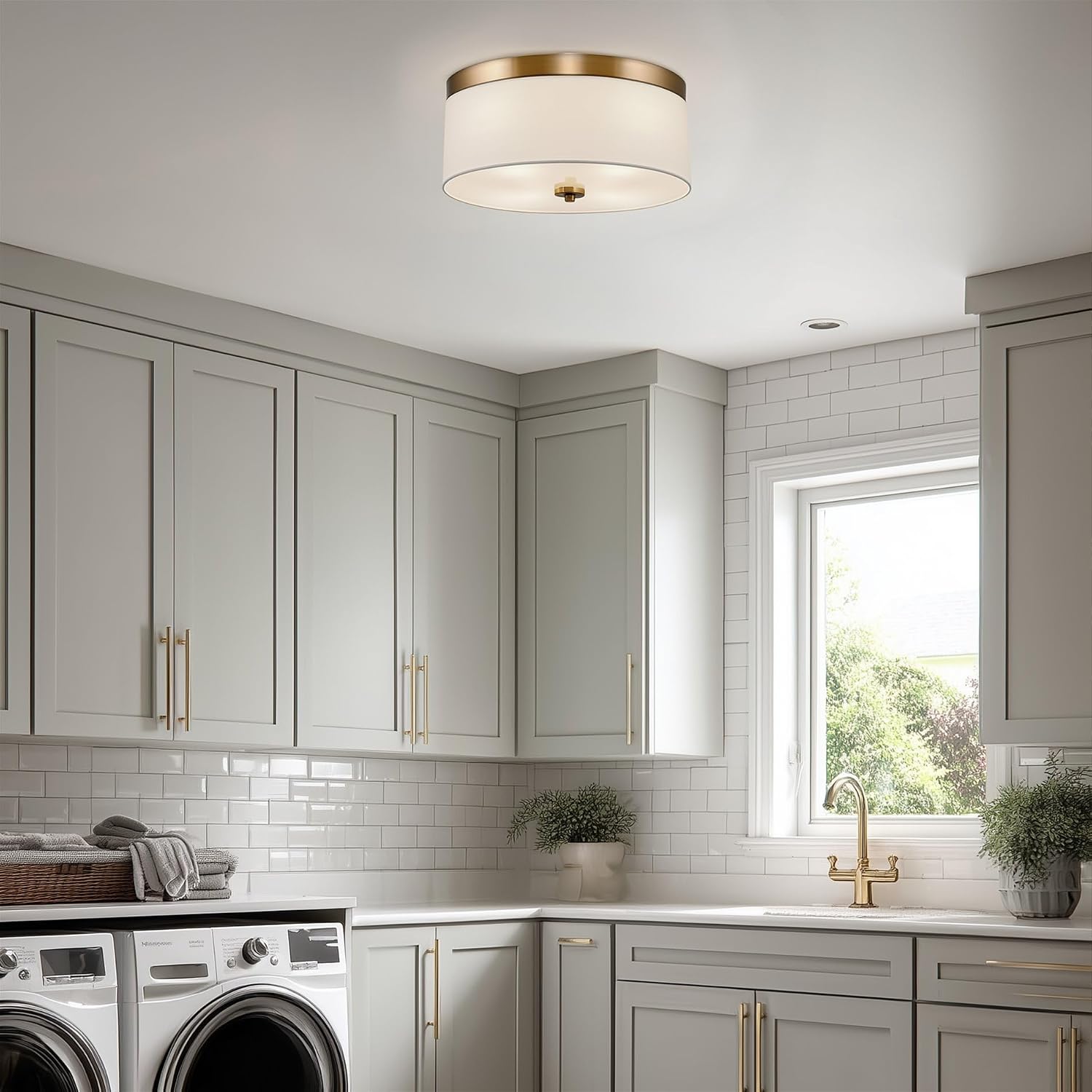 Kira Home Walker 15' Modern Drum Gold Flush Mount Ceiling Light, White Fabric Shade with Frosted Glass Diffuser, 3-Light Close to Ceiling Fixture, Cool Brass Finish