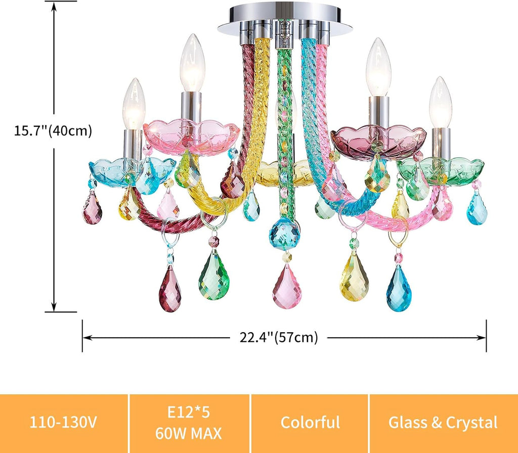 5-Light Children Candle Chandeliers, Modern Candy Design Flushmount Light Fixture for Bedroom, Dining Room, Kitchen, Bathroom, D22×H16 inch, Clear Rainbow Color Finish & K9 Crystal