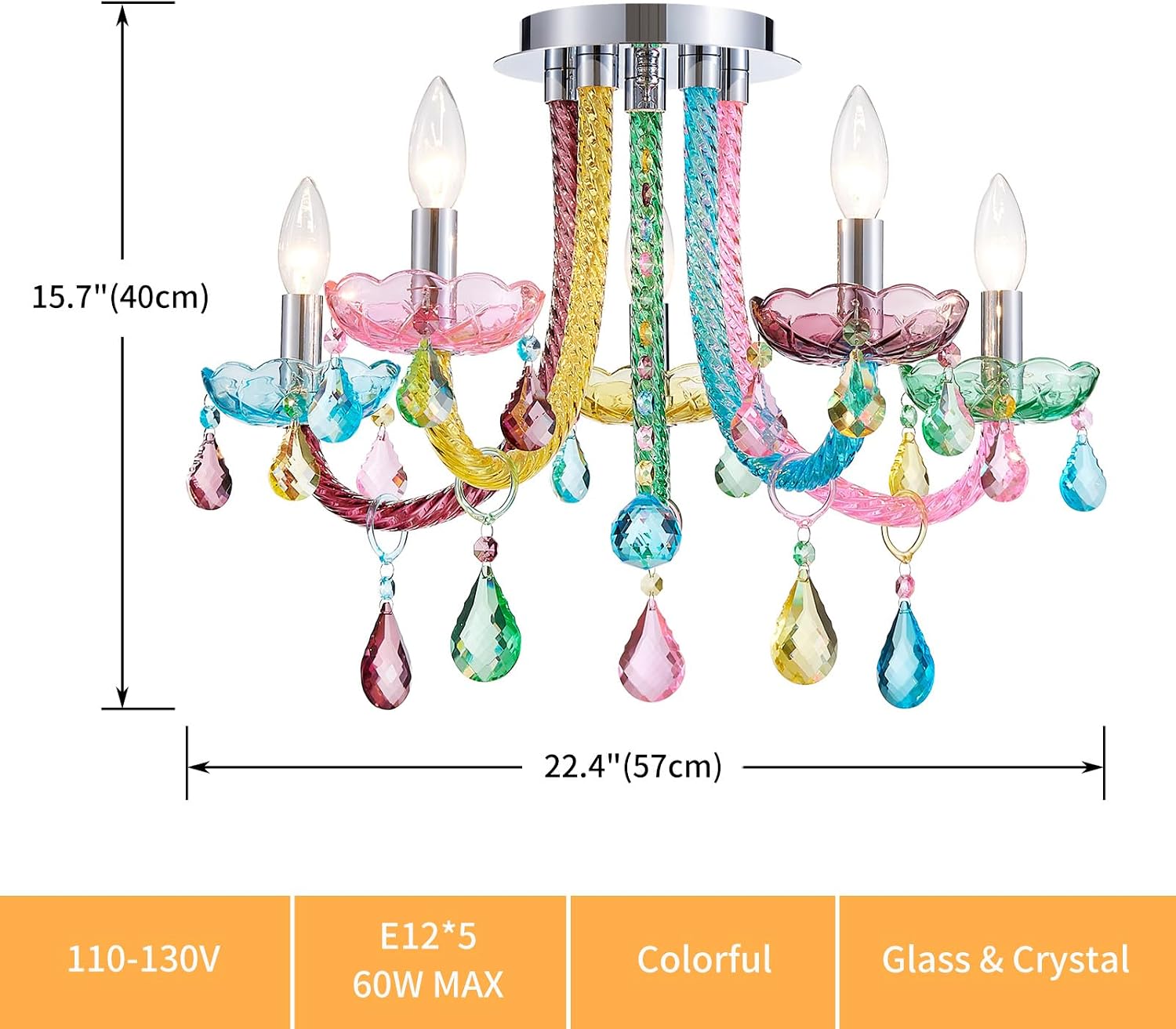 5-Light Children Candle Chandeliers, Modern Candy Design Flushmount Light Fixture for Bedroom, Dining Room, Kitchen, Bathroom, D22×H16 inch, Clear Rainbow Color Finish & K9 Crystal