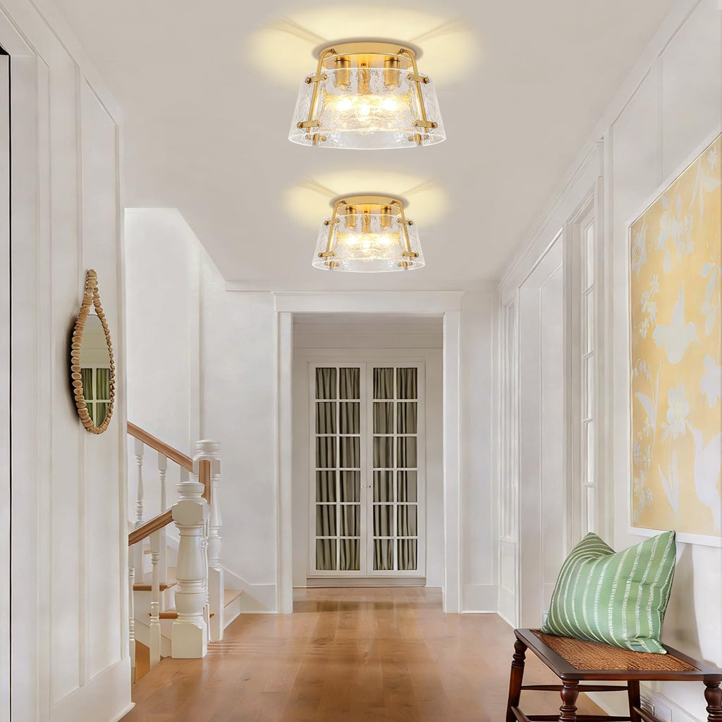Gold Semi Flush Mount Ceiling Light, Modern Hallway Light Fixtures with Thick Hammered Glass, 3-Light Kitchen Ceiling Lights for Entryway Bedroom Foyer Laundry Bathroom Dining Room