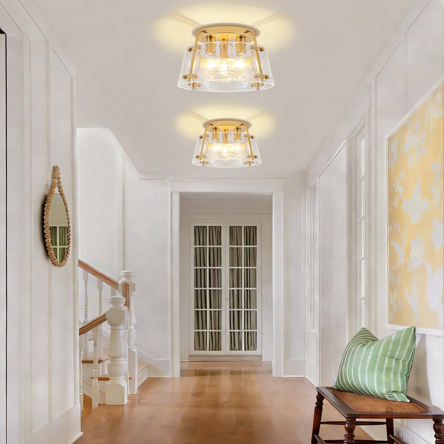 Gold Semi Flush Mount Ceiling Light, Modern Hallway Light Fixtures with Thick Hammered Glass, 3-Light Kitchen Ceiling Lights for Entryway Bedroom Foyer Laundry Bathroom Dining Room