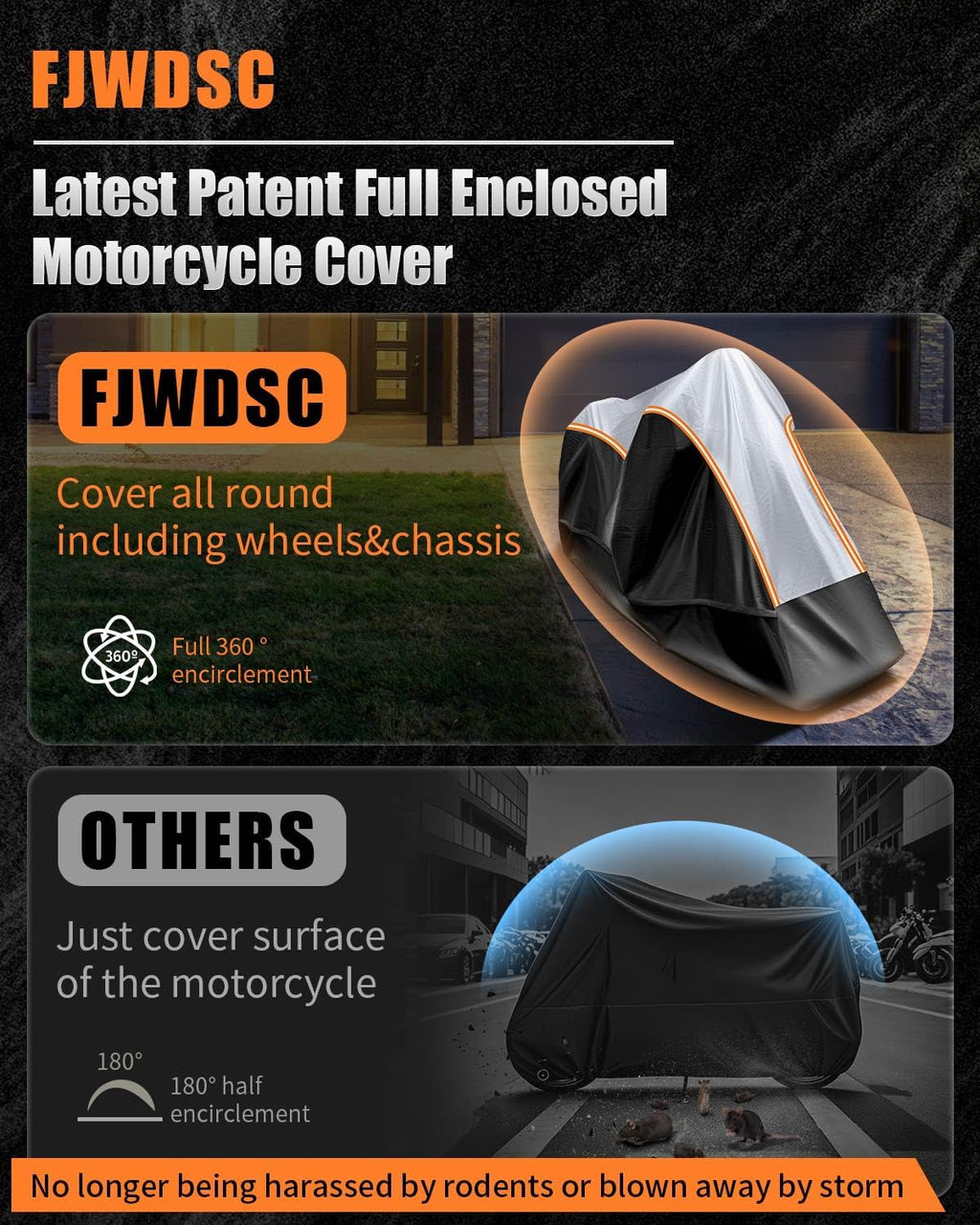 Full Enclosed Large Motorcycle Cover Waterproof Outdoor/Indoor Storage Motorcycle Cover Heavy Duty with Reflective Strips Fits Motorcycles Length up to 118' with Side+Top Box (Black+Sliver)