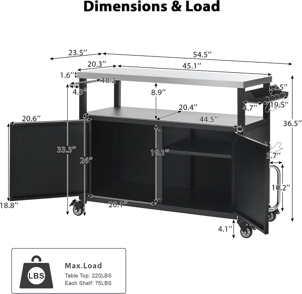 Merax 54.5' Outdoor Kitchen Island with Stainless Steel Tabletop, Metal Grill Cart Table with Storage Cabinet, Spice Rack and Towel Rack, Outdoor Bar Cart with 4 Lockable Wheels for BBQ, Black