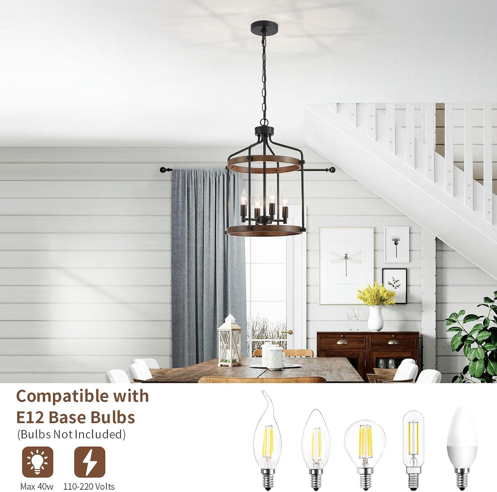 Modern Black Chandelier, 4-Light Farmhouse Dining Room Light Fixture Over Table, Muted Black with Retro Wood Texture Shade, Rustic Cage Hanging Pendant Lighting for Hallway Entryway Kitchen Bedroom