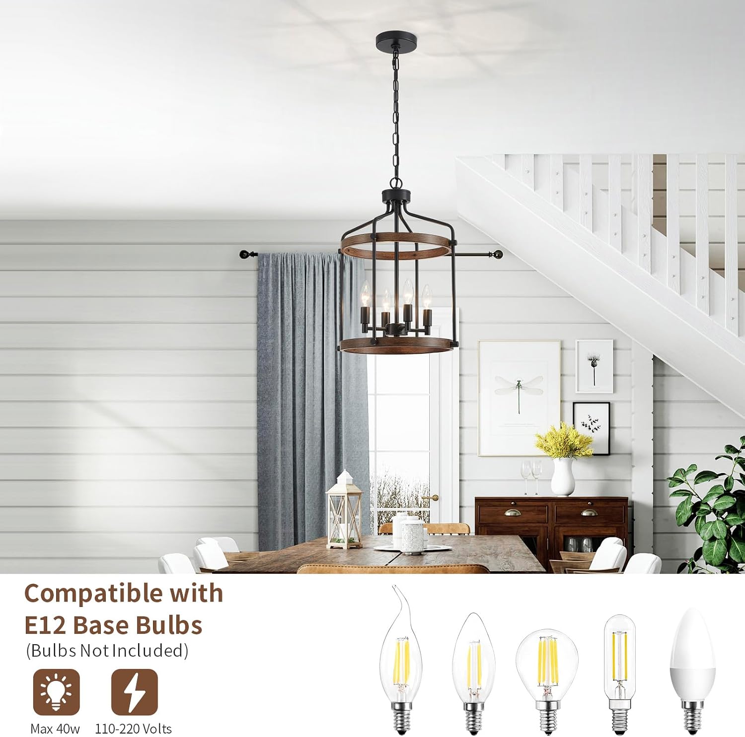 Modern Black Chandelier, 4-Light Farmhouse Dining Room Light Fixture Over Table, Muted Black with Retro Wood Texture Shade, Rustic Cage Hanging Pendant Lighting for Hallway Entryway Kitchen Bedroom