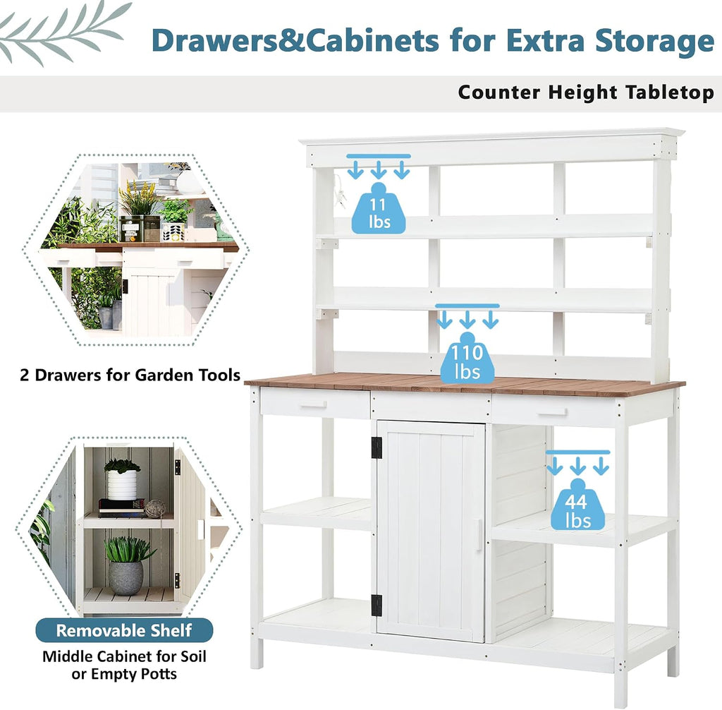 66' Large Outdoor Farmhouse Wooden Potting Bench Table, Garden Workstation with 2 Drawers, Cabinet and Open Shelves for Backyard, Mudroom, White