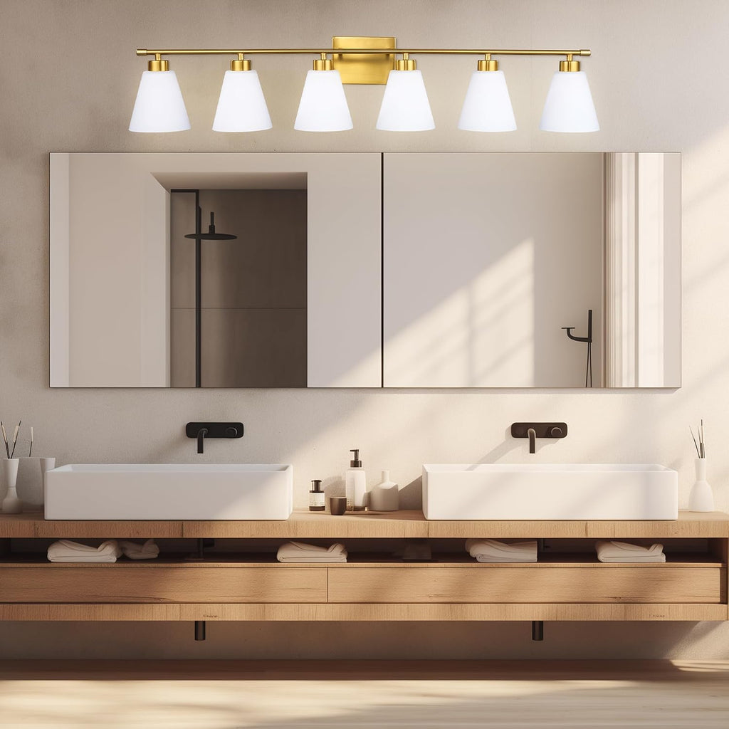 Hamilyeah 6 Light Bathroom Vanity Light Gold, 45 inch Gold Bathroom Vanity Lighting Fixtures Over Mirror with Milk Glass Shade, 6 Bulb Light Fixtures Over Mirror
