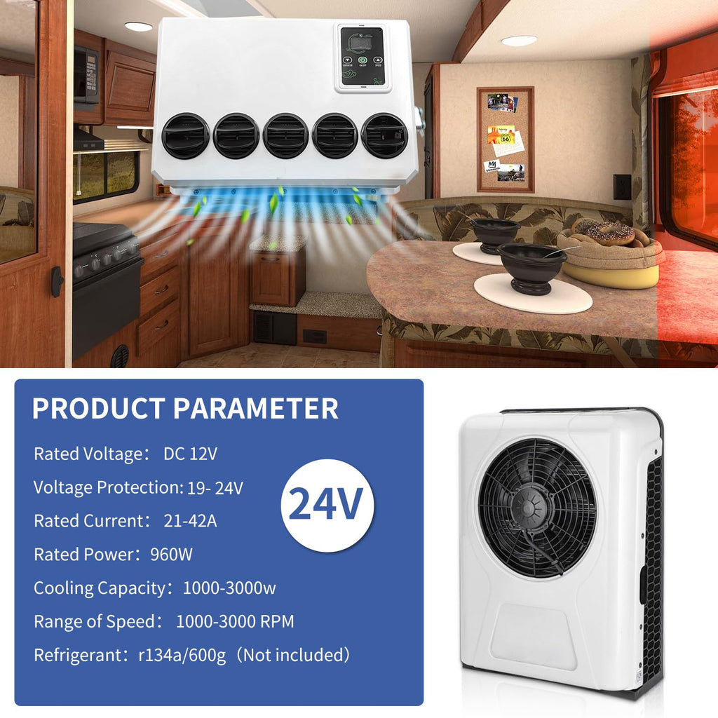24V dc Truck Camper Van Air Conditioner 10000BTU Universal 24 Volt Electric RV Automotive Split Air Conditioning ac Unit for semi trucks RV Motorhome Crane Tractor (White - 10000btu)