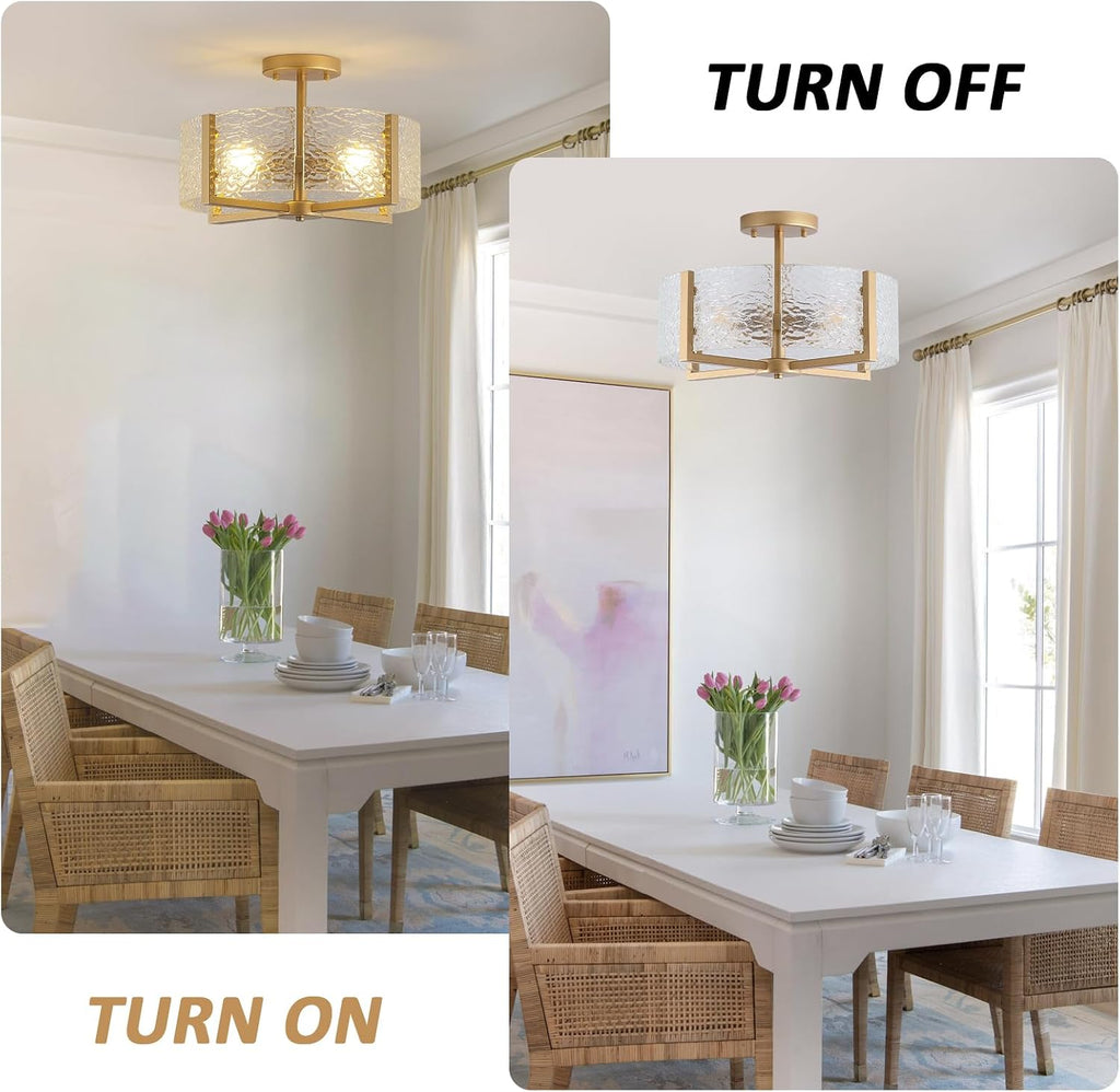 18 inch Large Gold Semi Flush Mount Drum Ceiling Light Fixture, 4-Light Glass Close to Ceiling Lighting Fixtures for Bedroom Hallway Kitchen Foyer Bathroom Closet Entryway Laundry Room