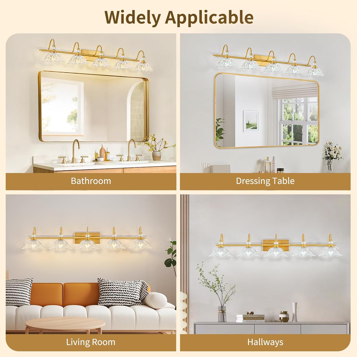 Gold Bathroom Vanity Light, 5-Light Brushed Gold Finish Vanity Light with Floral Clear Glass Shades, Vintage Wall Mount Lighting for Bathroom, Dressing Table