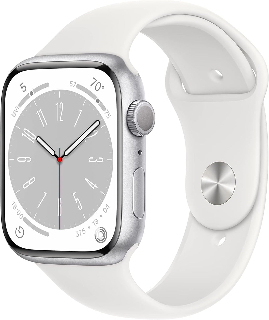 Apple Watch Series 8 (GPS, 45MM) Silver Aluminum Case with White Sport Band, M/L (Renewed Premium)