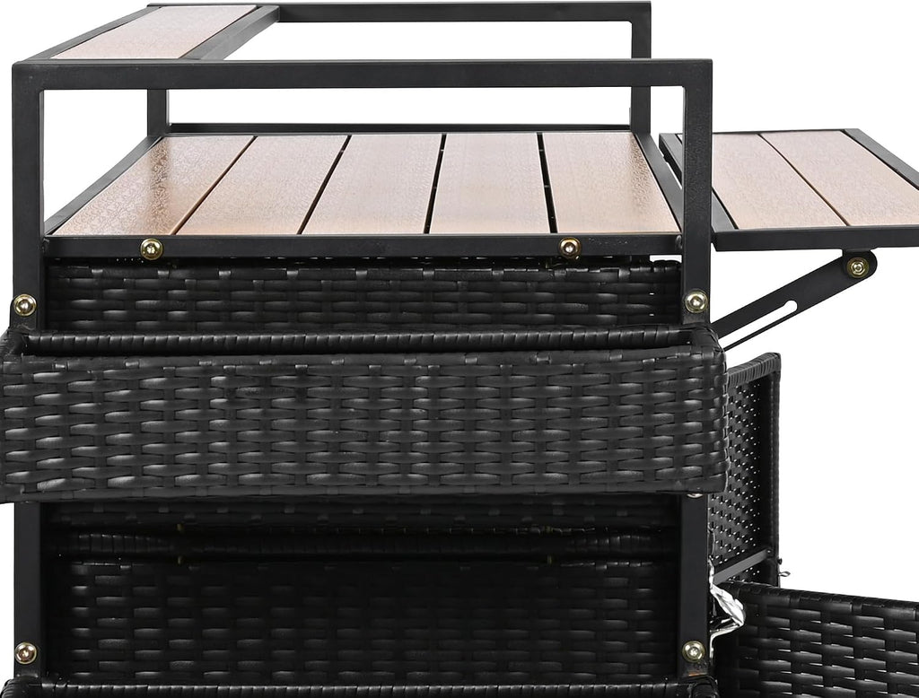 52.8' W Wicker Outdoor Bar Cart Table with Extended Plastic Wood Table Top, Outdoor Grill Cart with Large Storage Cabinet, for Patio Backyard Garden Poolside, Double Handle Design, Black