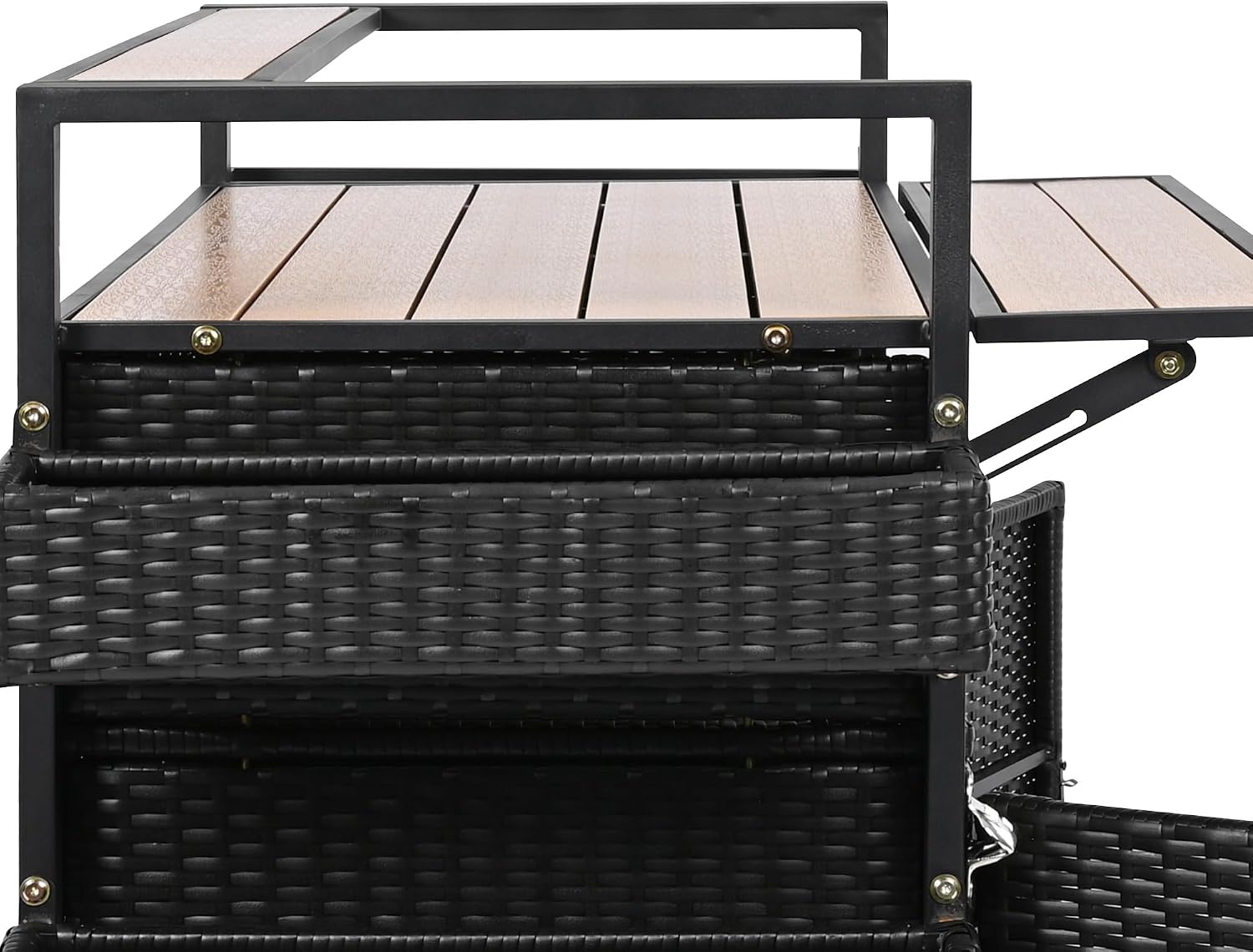 52.8' W Wicker Outdoor Bar Cart Table with Extended Plastic Wood Table Top, Outdoor Grill Cart with Large Storage Cabinet, for Patio Backyard Garden Poolside, Double Handle Design, Black