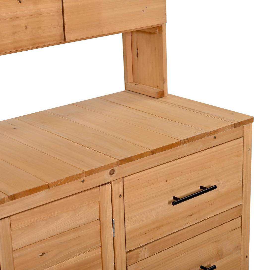 Farmhouse Patio Potting Bench, 44.6''x19.5'' Large Freestanding Garden Workstation with 6 Drawers and Side Hook, Outdoor Kitchen Island (Natural Wood-2)