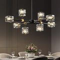 Modern Sputnik Crystal Kitchen Chandelier - Luxury Elegant 8 Light Black and Gold Brushed Brass Chandeliers - Adjustable Height Pendant Lighting Ceiling Fixture for Dining Room Living Room Island