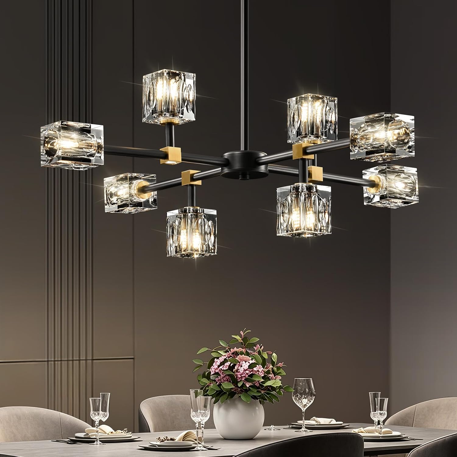 Modern Sputnik Crystal Kitchen Chandelier - Luxury Elegant 8 Light Black and Gold Brushed Brass Chandeliers - Adjustable Height Pendant Lighting Ceiling Fixture for Dining Room Living Room Island