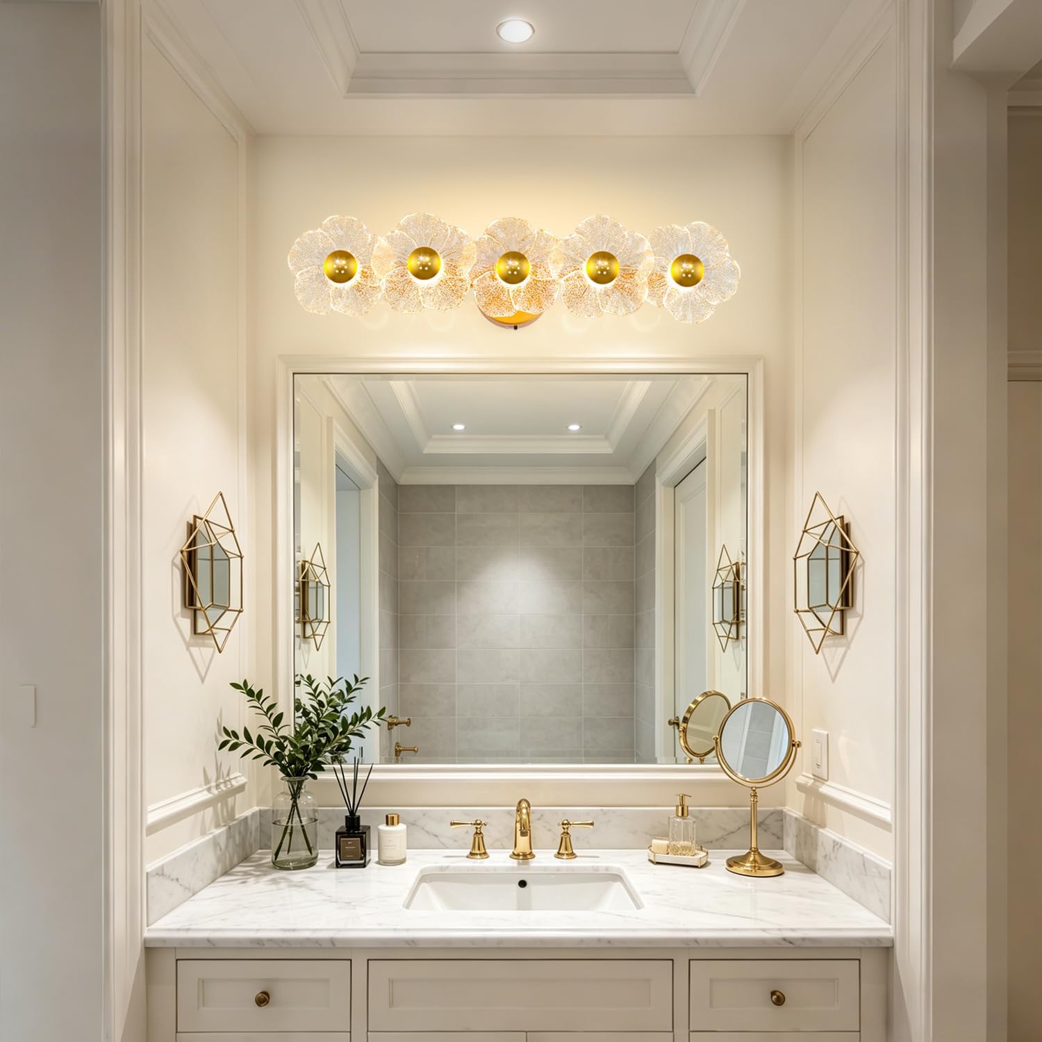 26.7' Gold Bathroom Light Fixtures 5 Light Floral Vanity Lights, 3-Color Dimmable Bathroom Vanity Light Elegant Led Wall Lights Cordless Wall Sconces for Decor,Bathroom,Livingroom