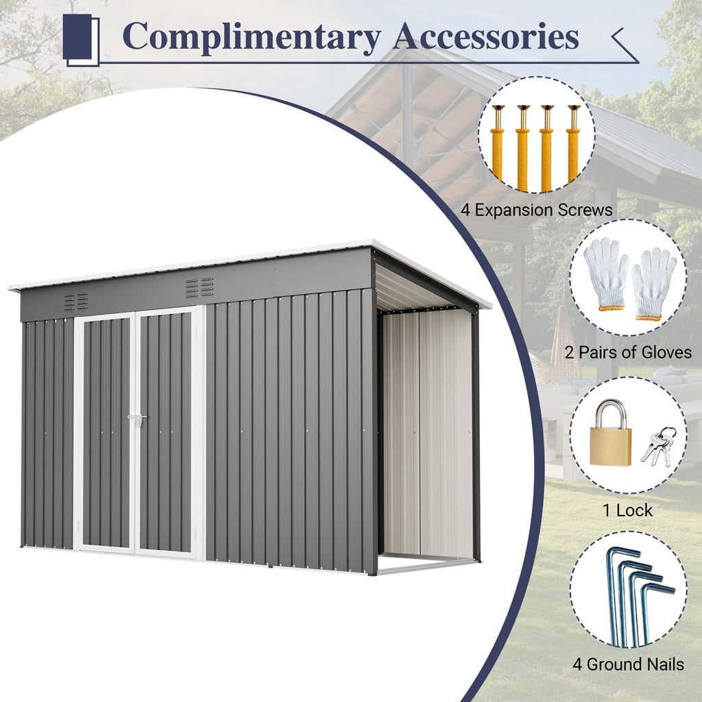 10x4 FT Outdoor Storage Shed with Frame Floor, Open Firewood Bay, 2 Vents – Lockable Double Doors, Aluminum Frame, Weatherproof for Garden, Backyard, Patio, and Equipment Storage