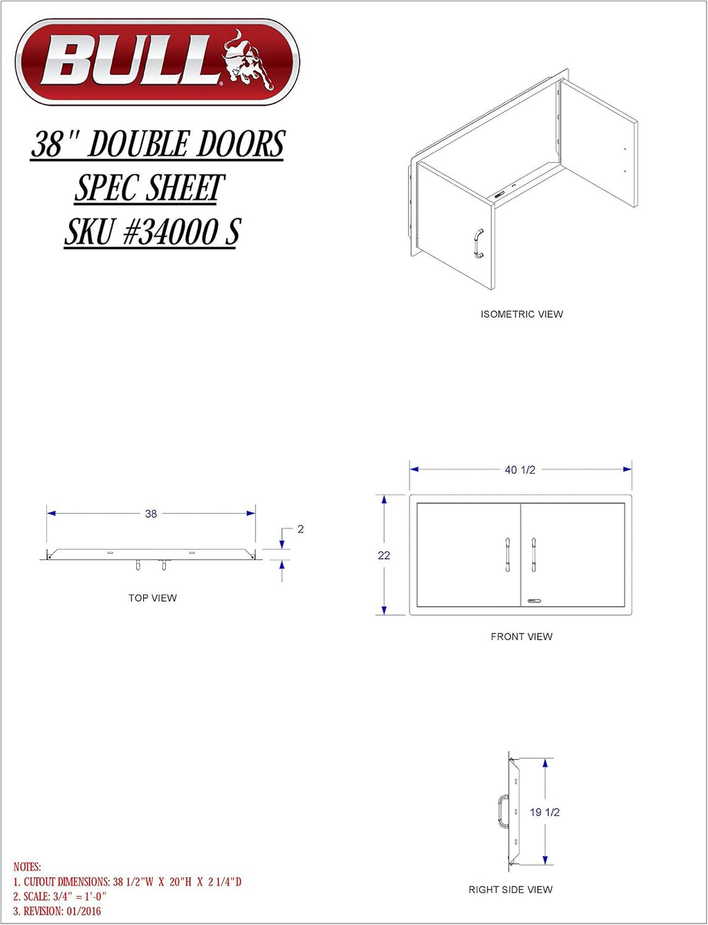 Bull Outdoor Products 34000 38' Double Access Doors – 304 16 Gauge Stainless Steel, Double Walled Design, Rust and Stain Resistant, Outdoor Kitchen Cabinet Access for Propane Tanks, Heavy Duty