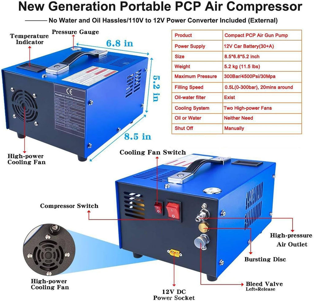 Portable PCP Electric Air Compressor - 4500 PSI/300 Bar/30 MPa High-Pressure Pump - 12V DC Car Powered Inflation Pump for Tires, PCP Rifles, and Paintball Tanks