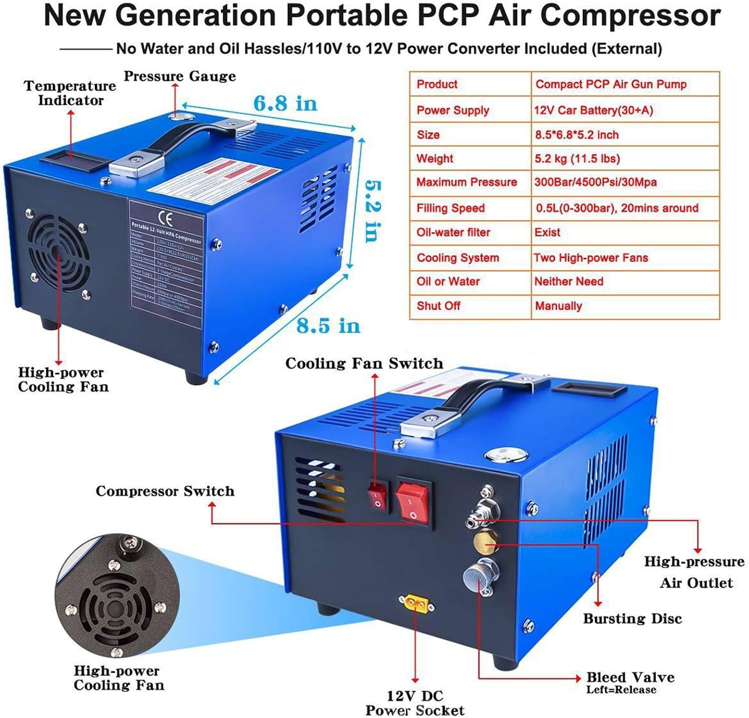 Portable PCP Electric Air Compressor - 4500 PSI/300 Bar/30 MPa High-Pressure Pump - 12V DC Car Powered Inflation Pump for Tires, PCP Rifles, and Paintball Tanks