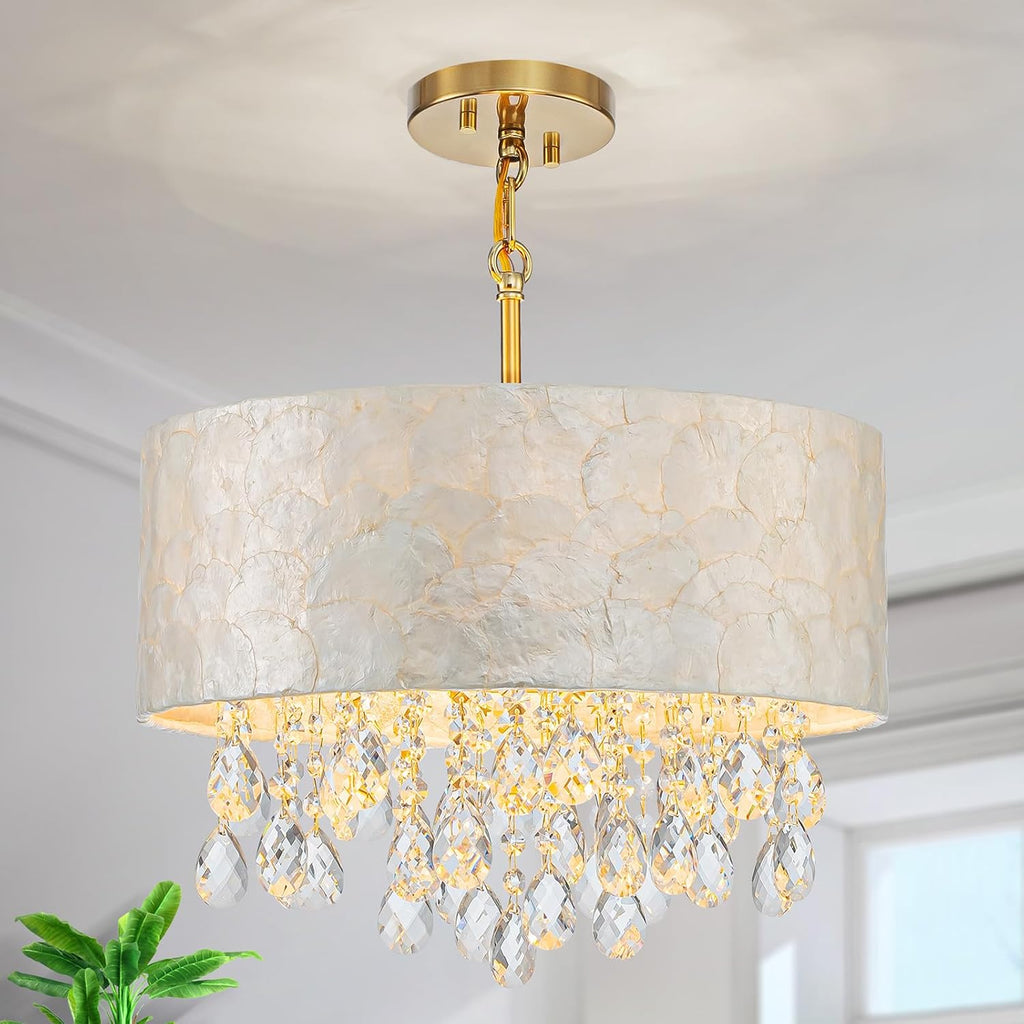LumFurn D16in Drum Capiz Shell Crystal Chandeliers, 4-Light Coastal Style Pendant Light Fixture for Dining Room, Living Room, D16x20~67'(Adjustable), Shell Lampshade, K9Crystal & Gold Finish