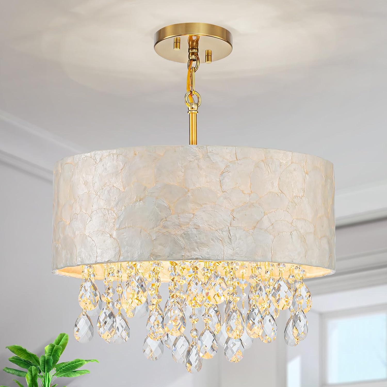 LumFurn D16in Drum Capiz Shell Crystal Chandeliers, 4-Light Coastal Style Pendant Light Fixture for Dining Room, Living Room, D16x20~67'(Adjustable), Shell Lampshade, K9Crystal & Gold Finish