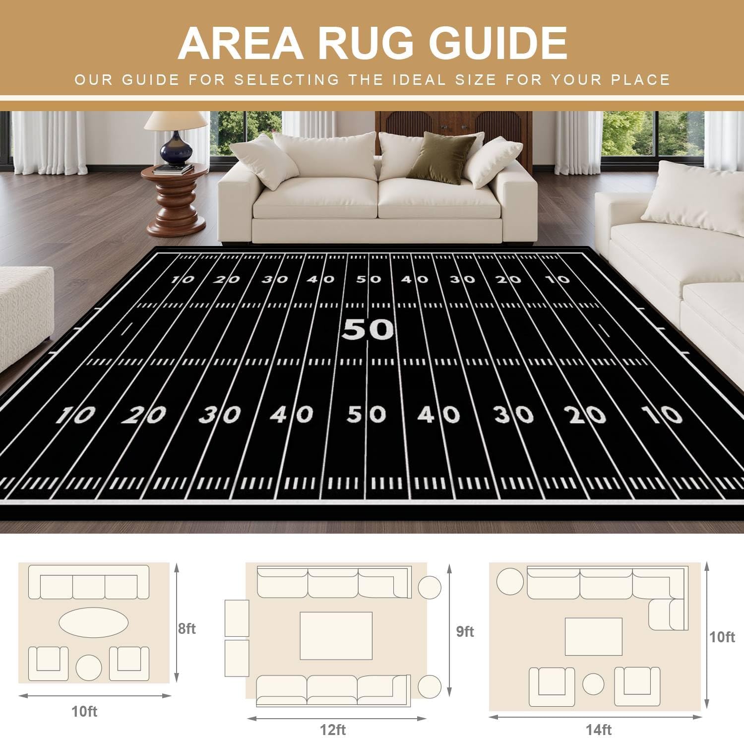 10x14 Area Rugs for Bedroom Boho Washable Rug for Living Room American Football Field Marking Football Field top View Carpet for Dining Room Soft Rubber Backed Non-Slip Carpets for Bedroom Office