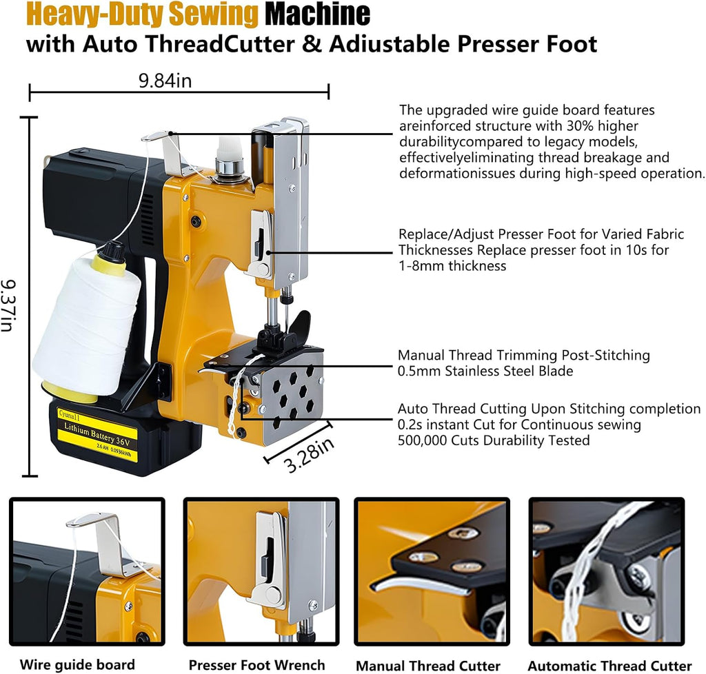 Bag Sewing Machine-Portable Battery Handheld Cordless Bag Sewing Machine,Automatic Bag Stitcher With Thread for Burlap Sack, Canvas,Feed Sacks,Rice Bags,Jute Bags,Seed Bags(Machine+1 battery)-Yellow