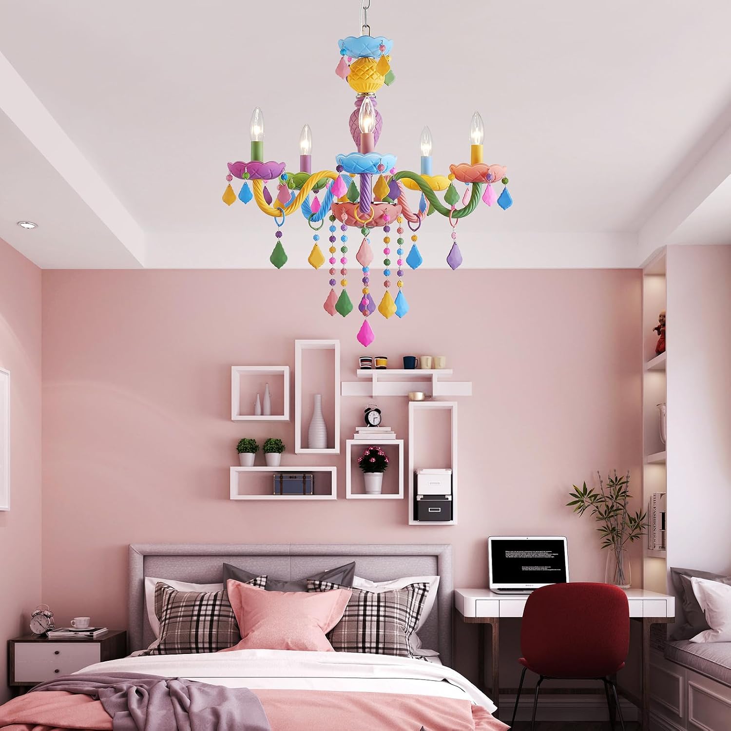 5-Lights Children Chandeliers, Modern Candy Design, Colorful Crystal Chandeliers for Bedroom, Dining Room, D22.8'' × H33.5'', Adjustable Height (33.5'~70.9'), Youth Color & Chrome Finish Frame