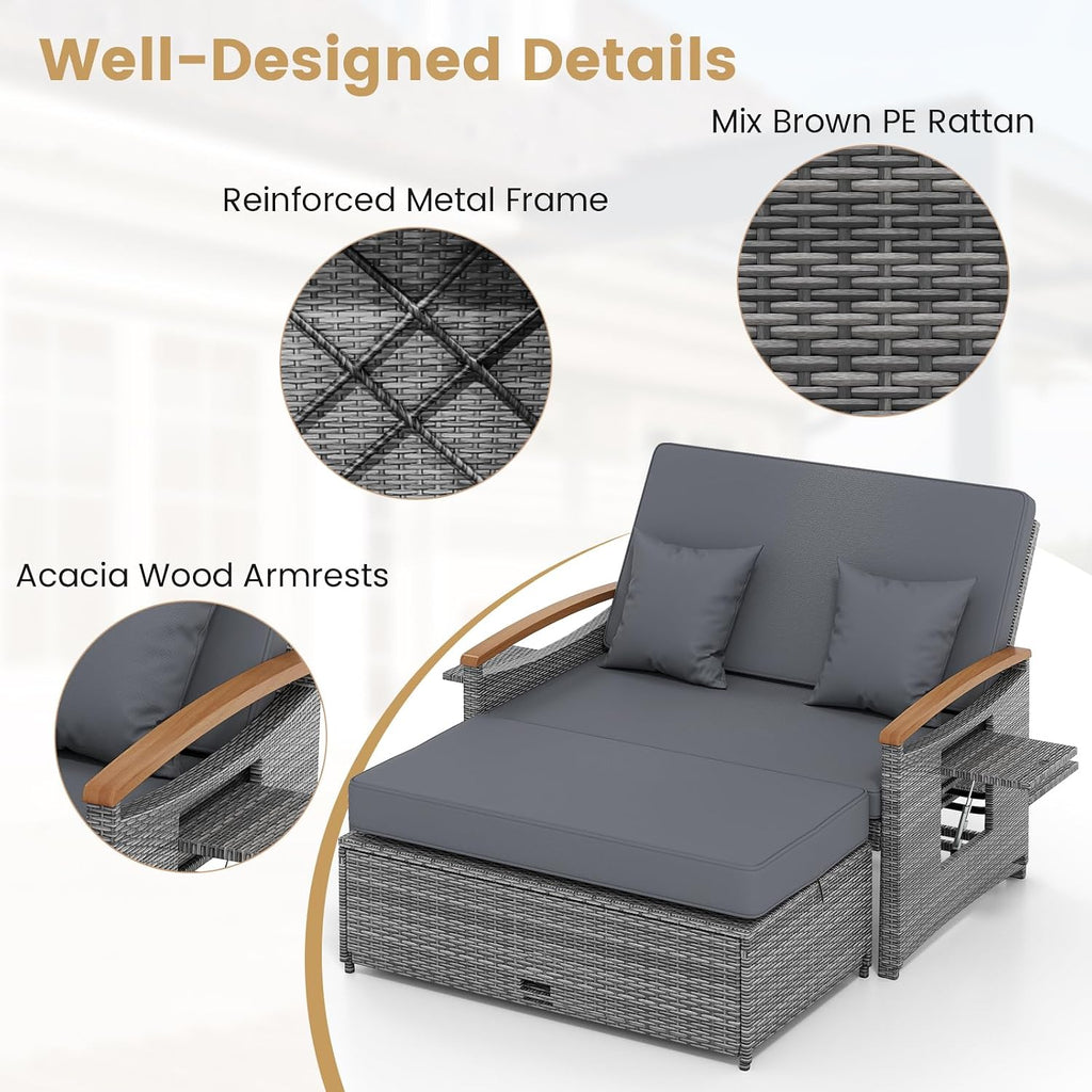 Tangkula Patio Rattan Daybed with 4-Level Adjustable Backrest, Outdoor Wicker Loveseat with Acacia Wood Armrest, Storage Ottoman & Folding Tray, Double Sunbed for Balcony, Backyard & Poolside (Grey)