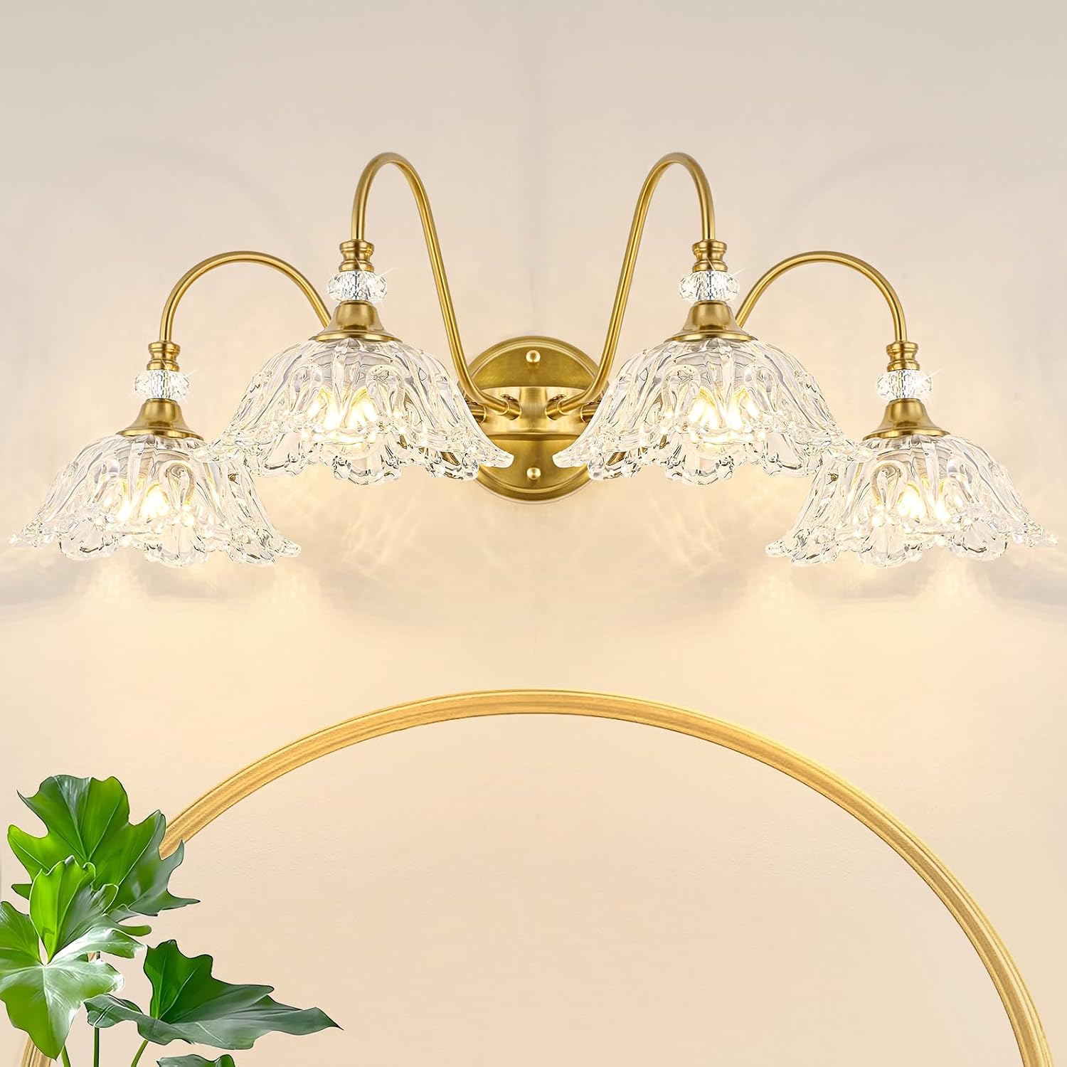 Gold Bathroom Vanity Light, 4-Light Brushed Gold Finish Vanity Light with Floral Clear Glass Shades, Vintage Wall Mount Lighting for Bathroom, Dressing Table
