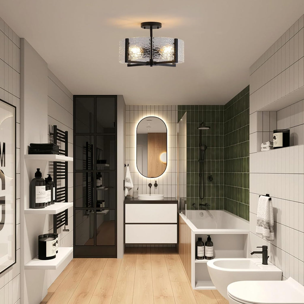 18' Black Large Semi Flush Mount Ceiling Light, 4-Light Farmhouse Ceiling Light, Foyer Light Fixtures Modern Glass Ceiling Mount for Entryway Bathroom Hallway Bedroom Kitchen