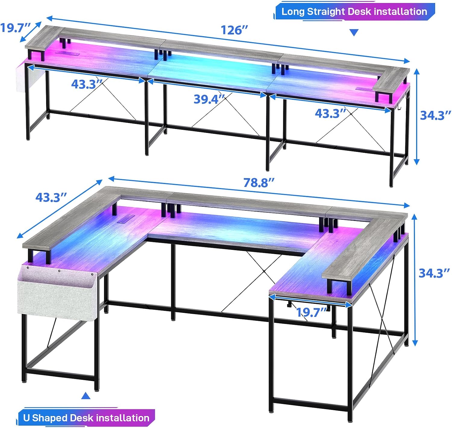 u Shaped Desk with Power Outlets & LED Lights, 79' Extra Large Reversible Corner Office Desk, Monitor Stand & Storage Shelves, Corner Computer Table Office Table with Full Monitor Stand
